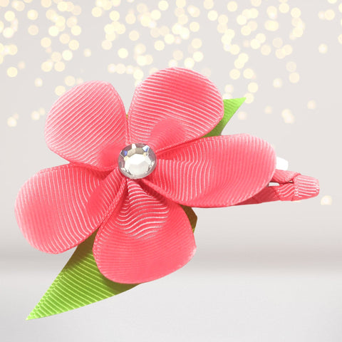 Girls Ribbon Hair Flower on Snappy Clip - Hot Pink